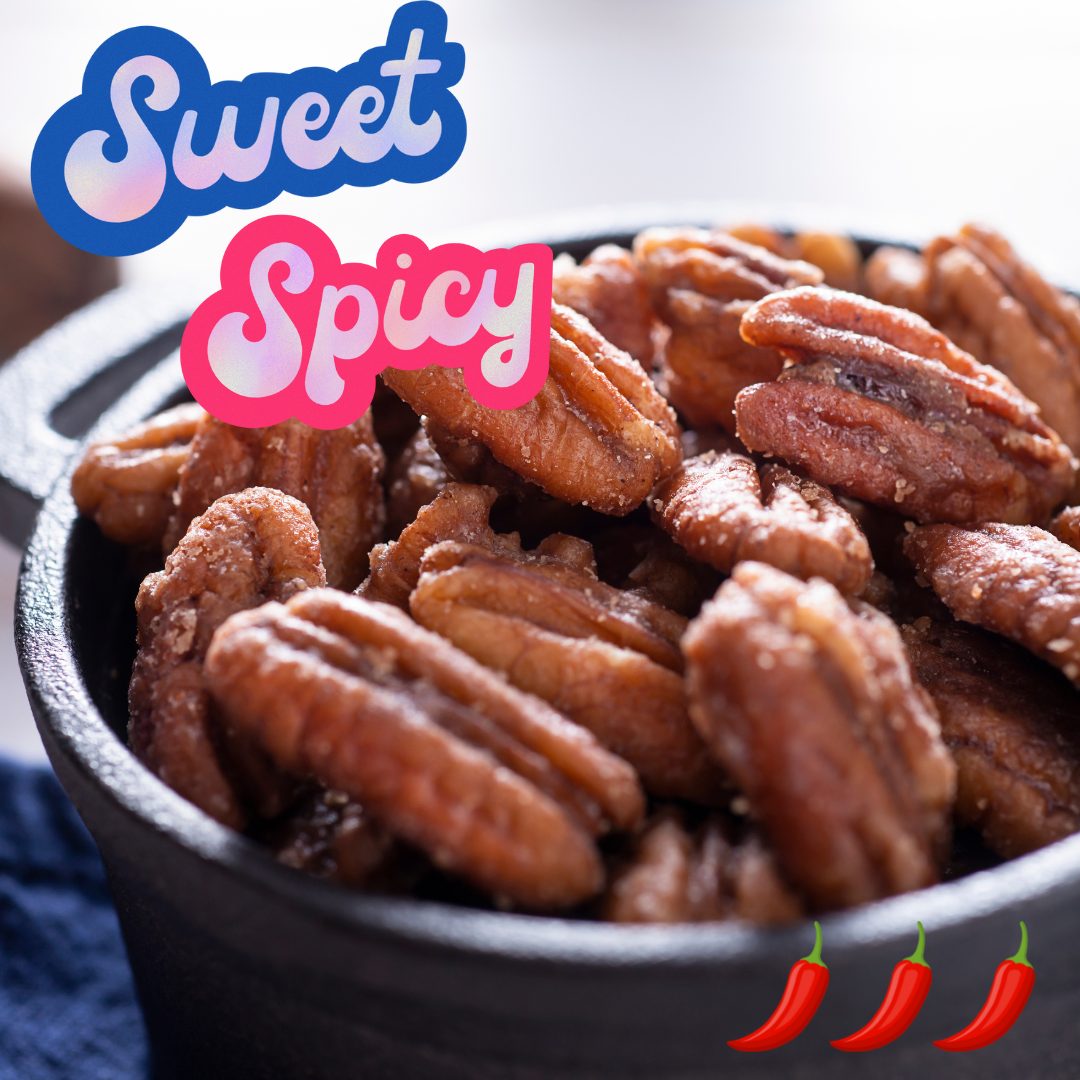Sweet and spicy pecans in a bowl. Text in upper right corner says, "Sweet Spicy." Graphics in bottom right corner depict three hot chilis.