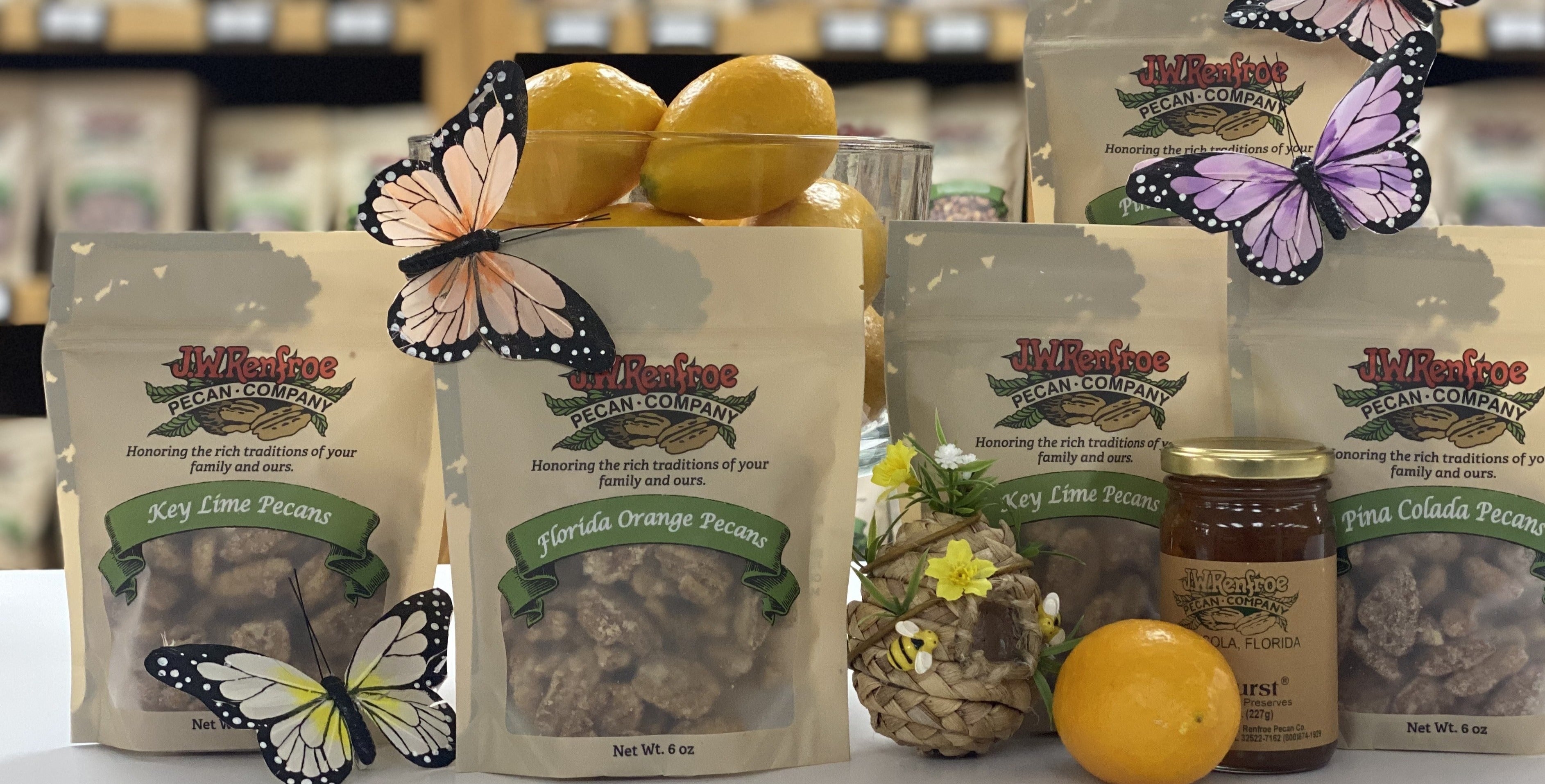 Bags of Key Lime, Florida Orange and Pina Colada Flavored Pecans - Renfroe Pecan Co, Pensacola FL